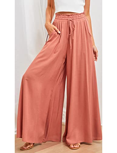 Women's Wide Leg Palazzo Maxi Flowy Pants Elastic High Waist Casual Drawstring Lounge Culotte with Pocket3