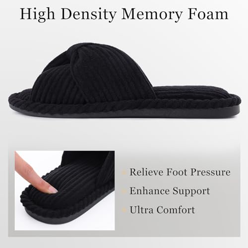 Image of Evshine Summer House Slippers for Women Corduroy Cross Bow Indoor Slippers Open Toe Slip On Bedroom Shoes with Memory Foam