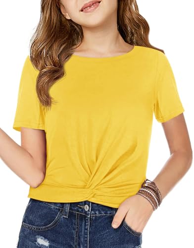 Image of Haloumoning Girls Short Sleeve T Shirts Kids Summer Twist Front Crop Tops Fashion Tees 5-14 Years