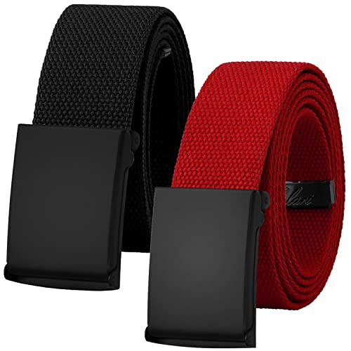 Falari Canvas Web Belt Fully Adjustable Cut to Fit Golf Belt Flip Top Black Buckle - Black & Red (2 Pack)