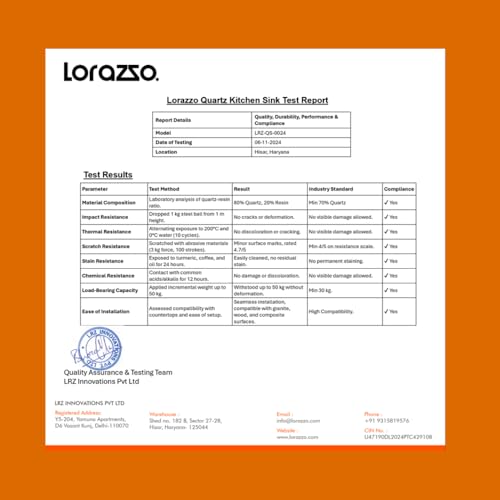 Lorazzo Quartz Kitchen Sink (MIDNIGHT BLACK)- Single Bowl | Quartz Sink for Kitchen 24X18 | with SS 304 Coupling, Rack & Waste Pipe | 10-Years Lorazzo Limited Warranty