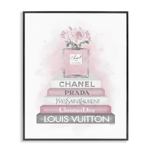 Image of Stupell Industries 'Pink Roses Perfume Bottle Glam Fashion Bookstack', Framed Giclee Art, Black, 24 x 30 Inches, Easy to Hang and Sturdy, Made in USA, by Amanda Greenwood