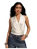SHENHE Women's Satin Wrap Ruched Tie Side Tank Top Deep V Neck Sleeveless Elegant Blouse White Large