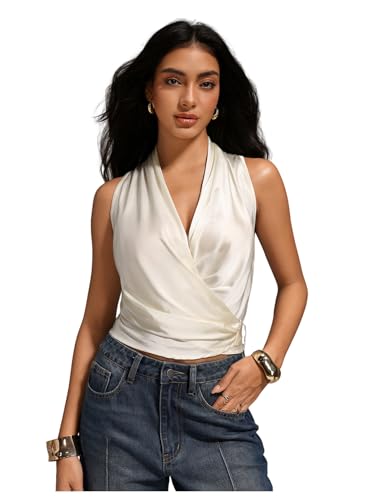 SHENHE Women's Satin Wrap Ruched Tie Side Tank Top Deep