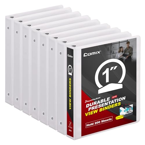 Image of COMIX Sturdy 3 Ring Binder 1 inch with Clear View Cover, 1 inch Round Ring View Binder, PVC-Free, 2.4mm-Thick, 200 Sheets Capacity of US Letter Size Paper, Office & School Supplies, 8 Pack (White)