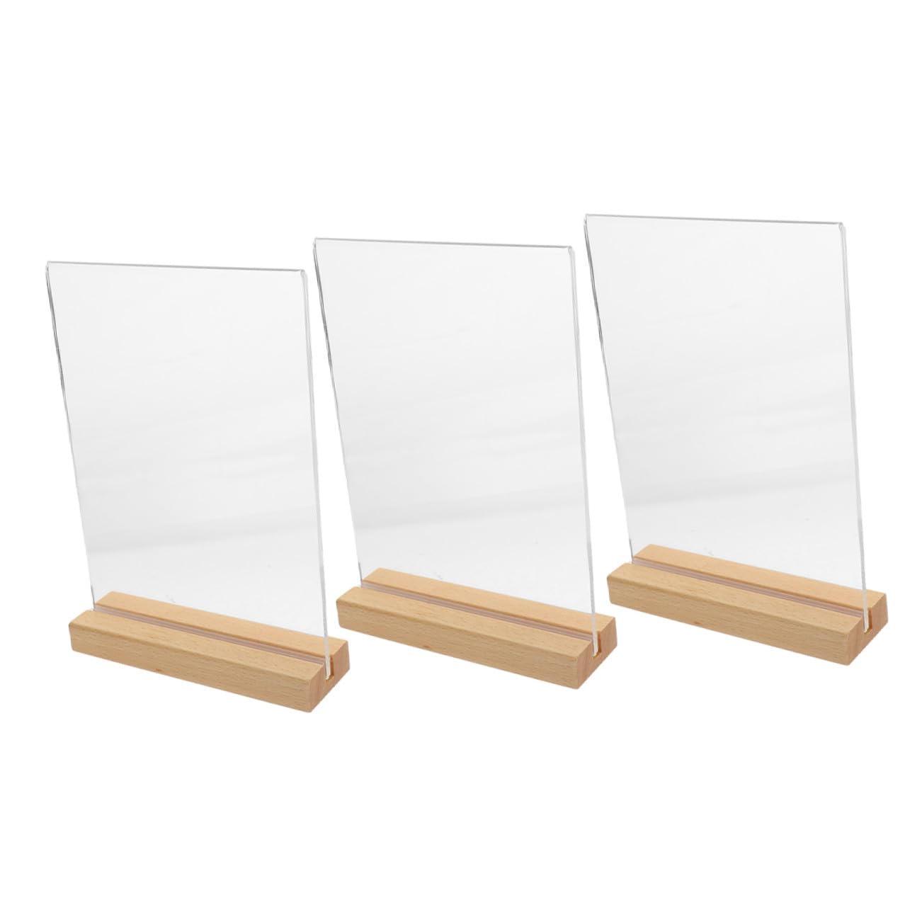 3 Piezas Porta Carteles Acrílico T Forma con Base Madera Soporte Vertical para Menús Escritorio para Restaurantes Bodas y Oficinas Resistente y Compacto