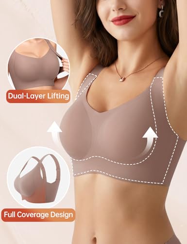 REALWILL Supportive Bras for Women, Wireless Full Coverage Compression Jelly Bra Latte — view 4