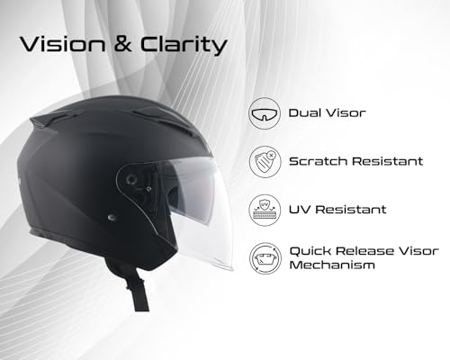 Image of Vega VO 03 Swift Dual Visor Open Face Motorcycle Helmet with Matte Shock-Absorbing Shell, Comfortable Interior, Ventilated Fit, Trendy Dull Black Finish Dull Black L
