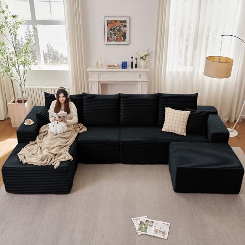135.4" Modular Sectional Sofa with Ottoman, Modern Corduroy Cloud Couch