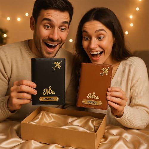 Image of ncgifts Personalised Passport Cover for Couple | Set of 2 PU Leather Customised Passport Holder with Name & 80+ | Charms Premium Gift Box | Anniversary, Wedding, Honeymoon Gift | 6+ Colours