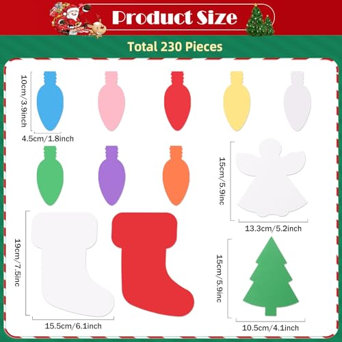 MixTeach 230 peças recortes de papel de natal, árvores de natal, meias de natal, lâmpadas, recortes