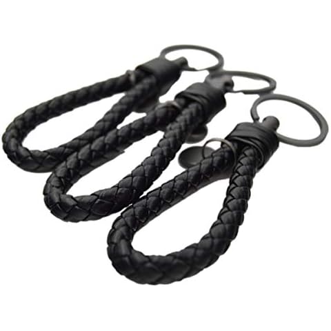Braided Leather Keychain for all cars, 3 Pieces, Black, Medium Cover