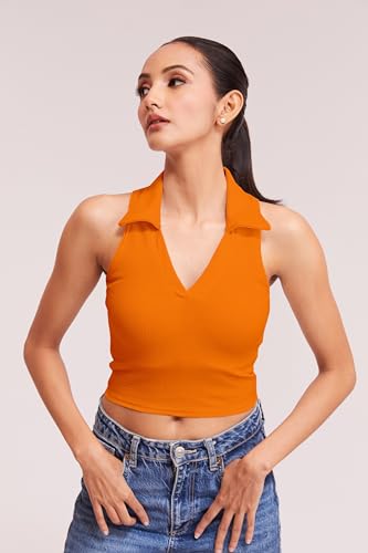 Image of BERRY BIRD Stylish Sleeveless V-Neck Slim Fit Collar Ribbed Knit Tank Crop Tops for Women & Girls Beach and Gym Wear and Western Trendy Fashion