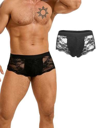 Image of sunshinelady Men's Sexy Underwear for Bedroom Lace Sissy Panties Sheer Plu Size Mesh Mens Underwear with Wide Elastic Waistband Sexy Boxer U-Front Pouch Black M