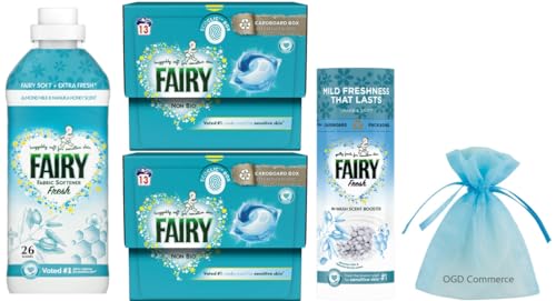 Fairy Laundry Washing Pack for Sensitive Skin: Fresh Fabric Conditioner, 26w, 858ml + In-wash Scent Booster Beads, Almond Milk & Manuka Honey, 176gr + Non Bio Pods, Capsules, 2Pk x 13Pods