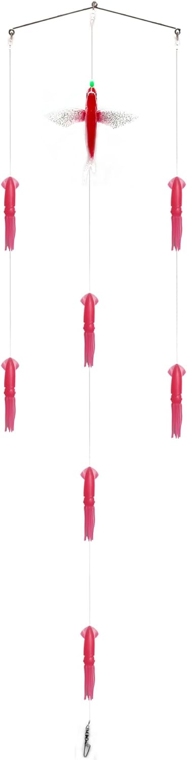 MASTERPRO Squid Spreader Bar Fishing Teaser, Offshore Game Fishing Trolling Rig, Stainless Steel 3/5 Rings, 7/11 Green or Pink Rubber Squid