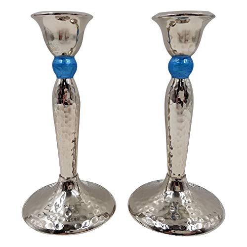 Silver Tone Taper Candle Holders Set Of 2 Shabbat Candlesticks 5 Inch Tall Blue Enamel Hammered Design Judaica Gift #TOP2