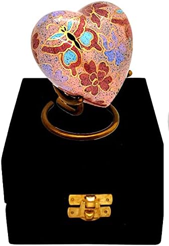 Classic Heart Shape Keepsake Urn for Human Ashes – with Box and Stand - Lovely Brown Floral Design 7 cms high