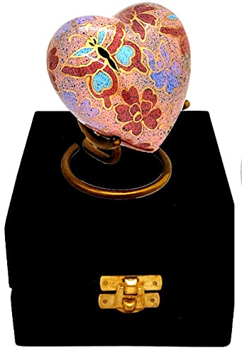 Akanksha Arts Classic Heart Shape Keepsake Urn for Human Ashes – with Box and Stand - Lovely Brown Floral Design 7 cms high