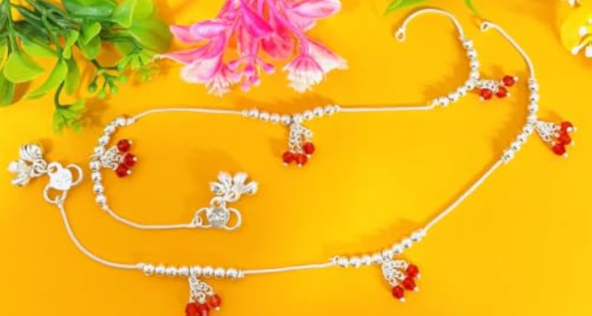 Silver Anklet with Red Crystal Bead Cluster Charms