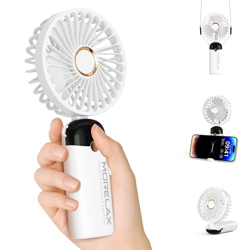 Morelax Ventilador de Mano, Mini Ventiladors Portátil, 4000mAh Recargable, Bolsillo Pequeño Ventilador Con 6 Niveles de Velocidad, USB，Plegable 90° para Casa, Oficina, Escuela, Exterior, Blanco