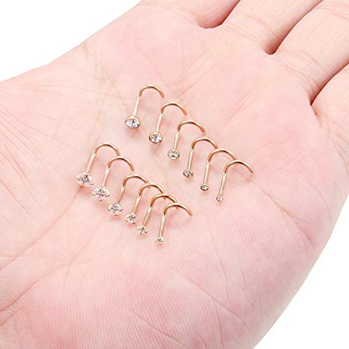 Ruifan 12Pcs 18G 316L Surgical Steel 1.5Mm 2Mm 2.5Mm 3Mm 3.5Mm 4Mm Clear Round Diamond Cubic Zirconia Crystal Nose Screw Studs Rings Piercing Jewelry - Rose Gold #TOP2