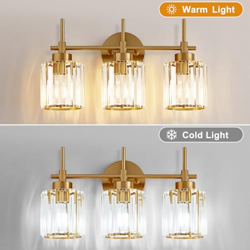 Image of EJIAXIN Bathroom Lighting Fixtures, 3 Light Gold Bathroom Light Fixtures with Clear Shades Modern Crystal Vanity Light Bath Room Vanity Lighting Over Mirror Wall Light