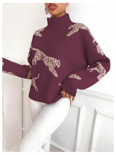 Image of WDIRARA Women's Leopard Tiger Print Sweater High Neck Long Sleeve Fuzzy Knitted Pullover Top