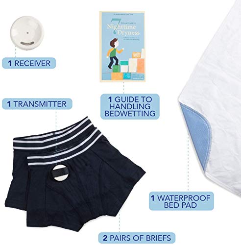 Rodger Wireless Bedwetting Alarm Kit - Most Effective Bed Wetting Alarm System For Kids - Includes 2 Moisture Sensing Briefs, Waterproof Bed Pad, Guide Book, Free Mobile App - Child, Navy, Small #TOP1