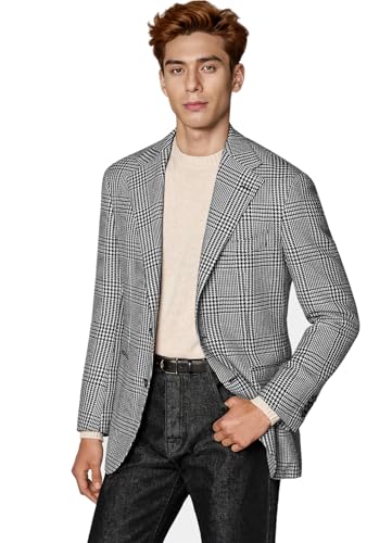 Image of DRCUIVS Mens Plaid Houndstooth Blazer Vintage Classic Linen Cotton Slim Fit Notch Lapel Single Breasted Sport Coat Casual Daily Wear Fall Suit Jacket Black White Large