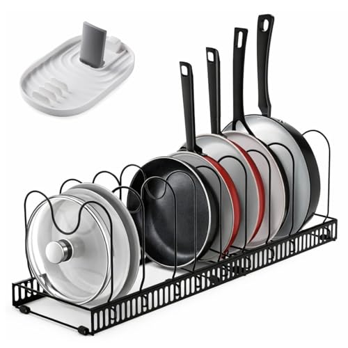 ELISPACES Organizador de Sartenes y Ollas Extensible con 10 Separadores + Soporte para Tapa y Espátulas | Soporte Ajustable para Ordenar Tapas, Ollas, Sartenes y Almacenaje de Utensilios de la Cocina