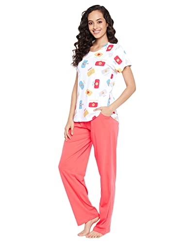 Image of Clovia Women's Cotton Printed T-Shirt & Basic Pajama Set