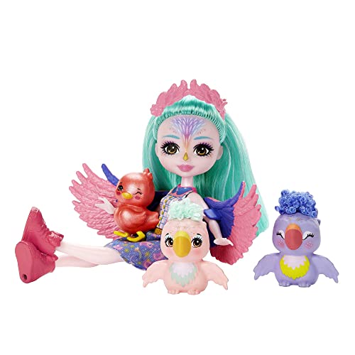 Enchantimals Poupées Bêtes Citadines Filia et Famille Finch, ami Tropic et 2 Figurines Oiseaux, Petite poupée avec Jupe Amovible et Accessoires, Jouet Enfant, Dès 4 Ans, HKN15
