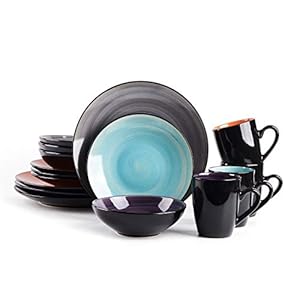 Stoneware Sonoma 16pc Dinnerware Set, Black + Speckled Spin Wash Mix Colors Grey, Orange, Purple, Turquoise