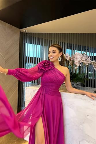 Tsbridal Long Sleeve Bridesmaid Dresses for Wedding Chiffon Pleated Flower Prom Formal Gowns with Slit2