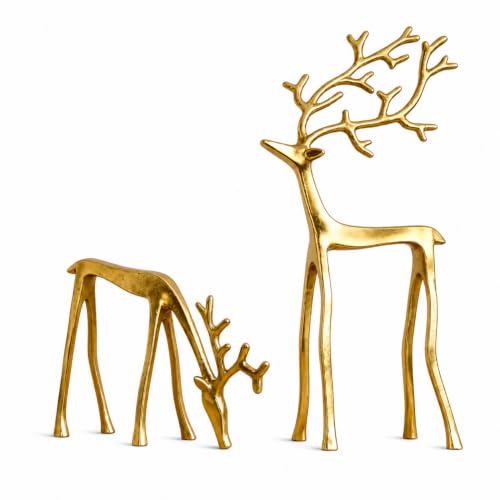 2 Pcs Golden Christmas Reindeer Figurines Decor Deer Statue Ornament Xmas Tabletop Ornaments Imitation Metal Christmas Reindeer Statues for Living Room Patio Home Office Garden Backyard Decoration