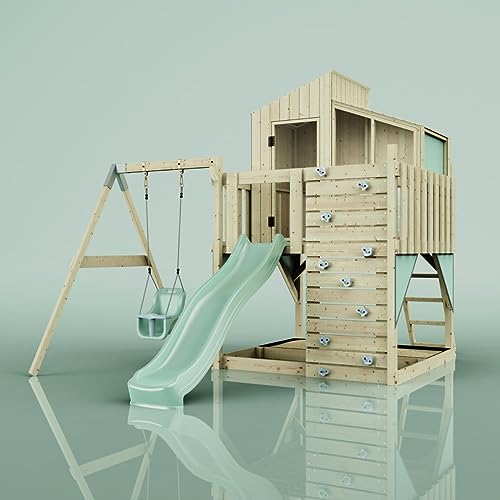 Rebo Spielturm mit Spielhaus inkl. Wellenrutsche, Outdoor Klettergerüst Garten, Kletterwand und Kletterleiter,Mintgrün