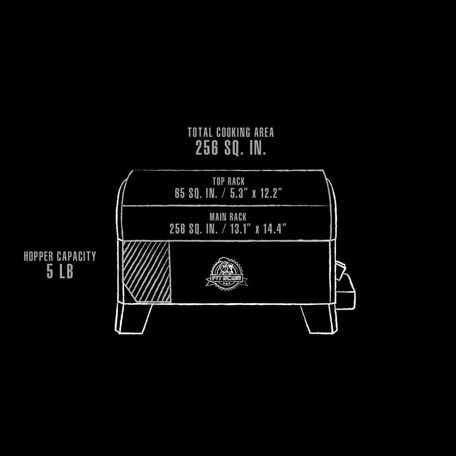 Diagram showing cooking area and hopper capacity of the PIT BOSS 10697 grill