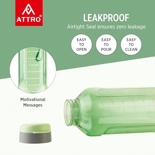 Image of ATTRO Ultra Pro Motivational 1.5-Liter BPA-Free Water Bottle with Leak-Proof Flip-Top Cap, Nylon Strap and Stylish Color for Daily Hydration- Mint Green-Set Of 2
