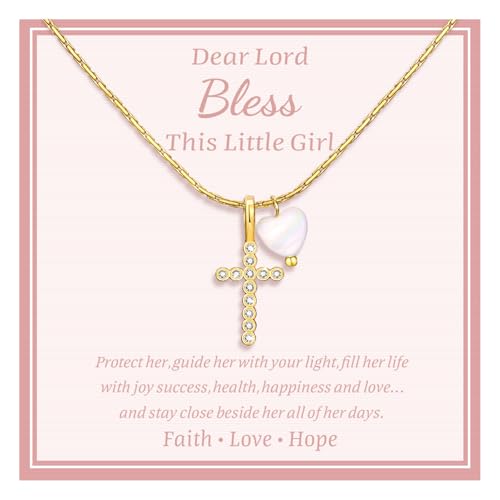 Delicate Cross Necklace for Girls : Gold Plated Pearl Heart Cubic Zirconia Cross Chain Necklace Christening Jewelry Baptism First Communion Confirmation Easter Gifts Teen Kids Little Girl