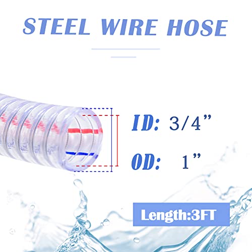 Ququyi 3/4" Id X 1" Od, 3Ft Length Steel Wire Hose Pvc Vacuum Tubing (With 2 Stainless Clamps) Drain Hose Vinyl Suction Tubing Flexible Tube High - Pressure Uv Chemical Resistant Vinyl Hose Line #TOP1