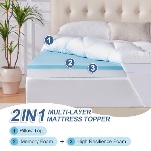 Memory Foam Queen Mattress Topper, 4 Inch Dual Layer Mattress Pad with Pillow Top Mattress Topper Queen Size Bed Cover, Support for Back Pain (White)