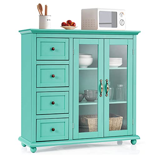Condition photo showing New/Like New for sideboard buffet cabinet, bathroom floor cabinet with 4 drawers, freestanding pantry cupboard w/glass door & 2 shelves, console table, small kitchen coffee bar cabinet (green)