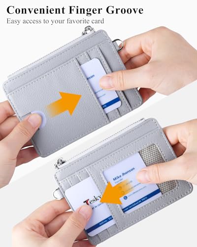 Image of Teskyer Slim RFID Wallet for Women, Small Card Holder with Zip Pocket, Grey, 3.5 inch x 4.7 inch, Minimalist | Zip Pocket for Cash Coin, 1 ID Window & 7 Card Slots, Ultra Slim Design, D-Ring for Neck Lanyard, for Daily Carry and Travel