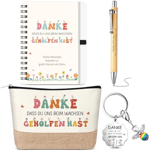 Hestya Abschiedsgeschenk Erzieherin Kindergarten Danke dass du uns beim Wachsen geholfen hast A6 Notizbuch mit Stift Kosmetiktasche Schlüsselanhänger Dankeschön Geschenke für Lehrerin Grundschule