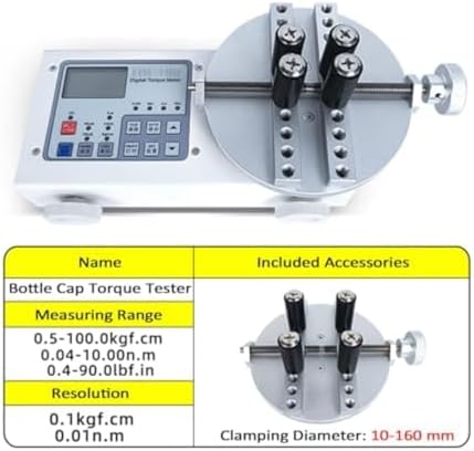Portable Torque Meter Bottle Cap, 10-160mm Adjustable Clamping, Digital Torque Gauge for Bottles & Parts, 2M/3 Units, Precision HP50 Measuring Tool