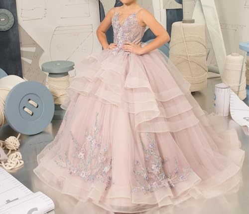 Flower Girl Dress with V-Neck Lace Appliques Princess Pageant Dress in Tulle Tiered Style for Girls' First Communion2