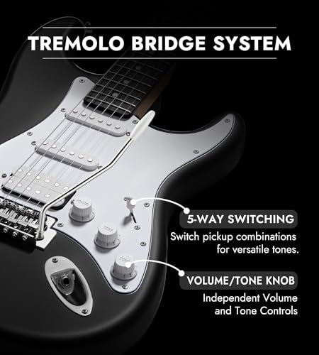 Tostar Beginner Electric Guitar, Solid Body, 39" Full Size Strat Style with HSS Pickups, 5-Way Switch, Tremolo Bridge, Maple Neck & Tectona Fretboard, Ideal for Beginners and Gifting, Black — view 4