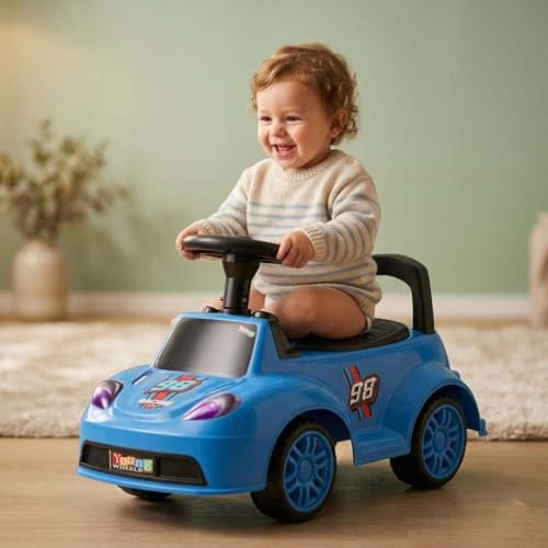 Image of Kids Ride On Blue Car for Toddlers with Steering Wheel & Backrest | Foot to Floor Baby Push Car | Indoor Outdoor | Strong Wheels & Comfortable Seat | Racing Design for Boys & Girls (1-3 Years)