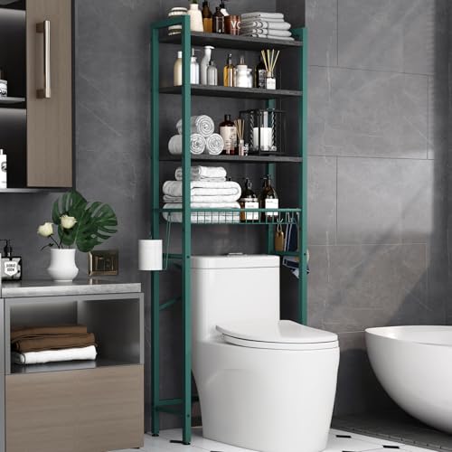 Image of Kalrin Over-The-Toilet Storage Rack, 4-Tier Bathroom Organizer Shelf Over Toilet with Adjustable Shelf and Basket, Freestanding Space Saver Bathroom Shelves Above Toilet for Room (Green- Black)